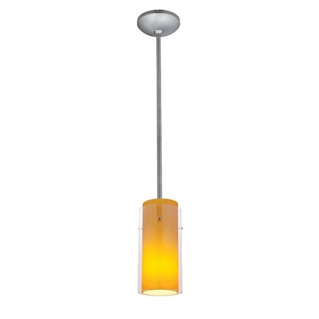 Glassn Glass Cylinder, Pendant, Brushed Steel Finish, Clear Amber Glass